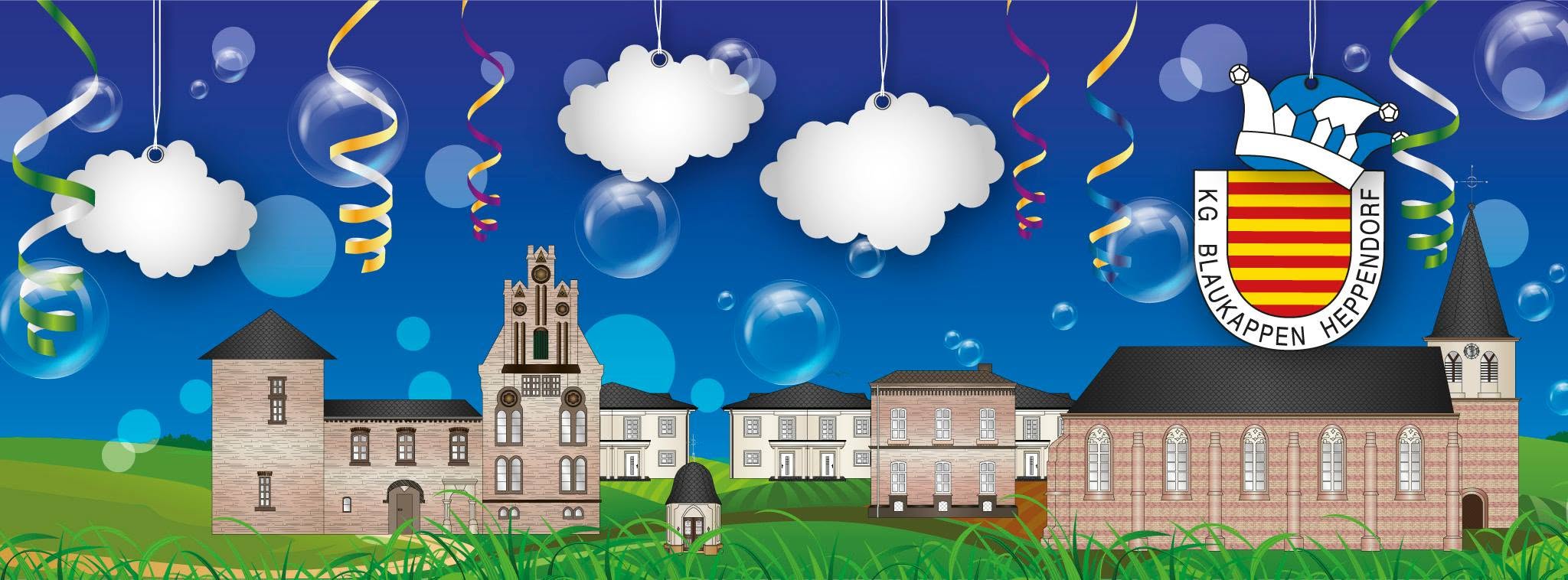 Karnevalistische Illustration von Heppendorf mit Schloss, Kirche und Vereinswappen